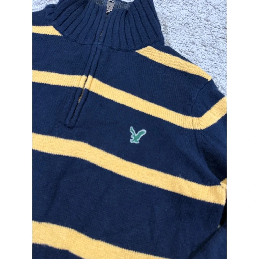 American Eagle Quarter Zip Sweater‎ Y2K Retro Rugby Striped Mens Vintage Style M